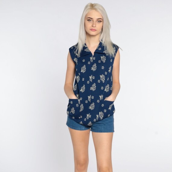 Floral Tank Top 70s Hippie Blouse Navy Blue Front Zip Up Top Boho Shirt Sleeveless Vintage Bohemian Shirt 1970s Polyester Small S