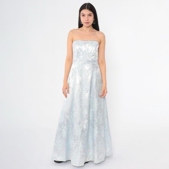 Vintage 90s Strapless Prom Dress Light Blue Metallic Floral Jacquard Evening Gown Rhinestone Trim 1990s Formal Party Dress Y2K Small 5/6
