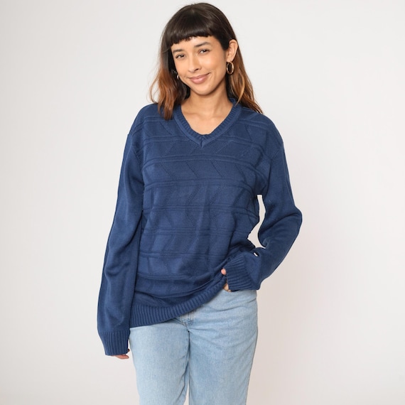 Vintage Dark Blue Sweater 80s 90s Geometric Knit Zig Zag Striped Pattern Tricot Long Sleeve Pullover V-Neck 1980s Damon Medium M