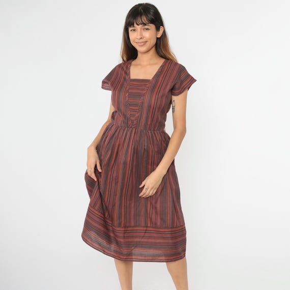 80s Striped Midi Dress Keyhole Back Day Dress Cap Sleeve Square Neck High Waisted Red Brown Orange Retro Knee Length Vintage 1980s Medium M