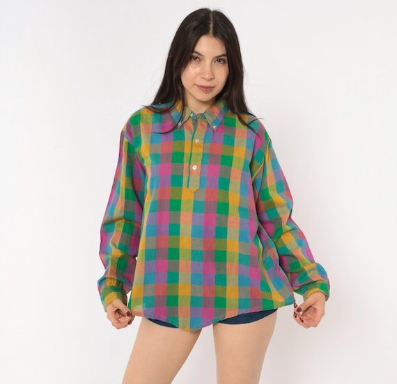 70s Rainbow Plaid Shirt Career Club Button Down Collar Multicolor Gingham Check Pocket Colorful Madras Top Preppy Collegiate Nerdy Large L