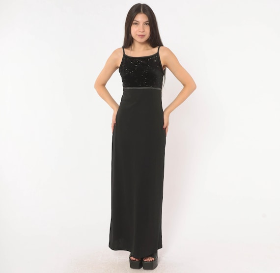 Velvet Bodice Maxi Dress 2000s Black Spaghetti Strap Gown Empire Waist Floor Length Sleeveless Evening Cocktail Party Onyx Small S