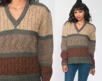 CABLE KNIT Sweater 70s Brown Striped V Neck Sweater Slouchy Pullover 80s Boho Vintage Color Block Sweater Bohemian Medium Large