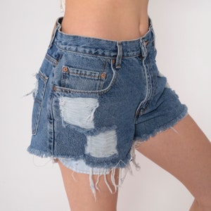 Levis Denim Cutoffs Y2k Distressed Levi 560 Cut Off Jean Shorts High Rise Ripped Cut Offs Blue Frayed Retro Shorts Vintage 00s Medium 32