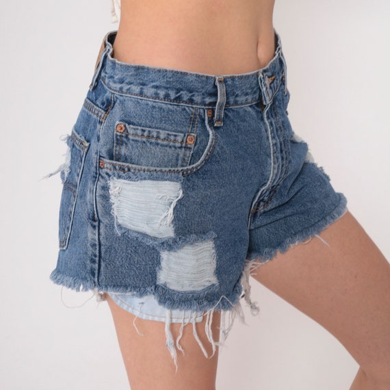 Levis Denim Cutoffs Y2k Distressed Levi 560 Cut Off Jean Shorts High Rise Ripped Cut Offs Blue Frayed Retro Shorts Vintage 00s Medium 32