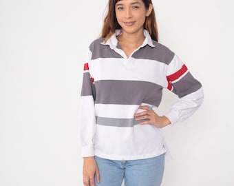 Striped Rugby Shirt 90s White Grey Polo Shirt Long Sleeve Collared Half Button Up Retro Cotton Vintage 1990s Medium