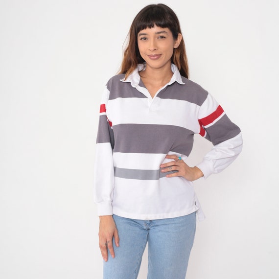 Striped Rugby Shirt 90s White Grey Polo Shirt Lon… - image 4