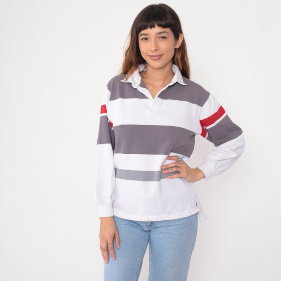Striped Rugby Shirt 90s White Grey Polo Shirt Long Sleeve Collared Half Button Up Retro Cotton Vintage 1990s Medium