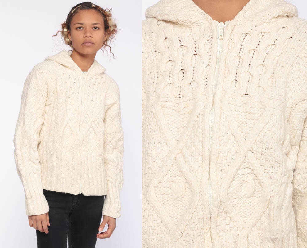 Cable Knit Hooded Sweater 80s Cream 