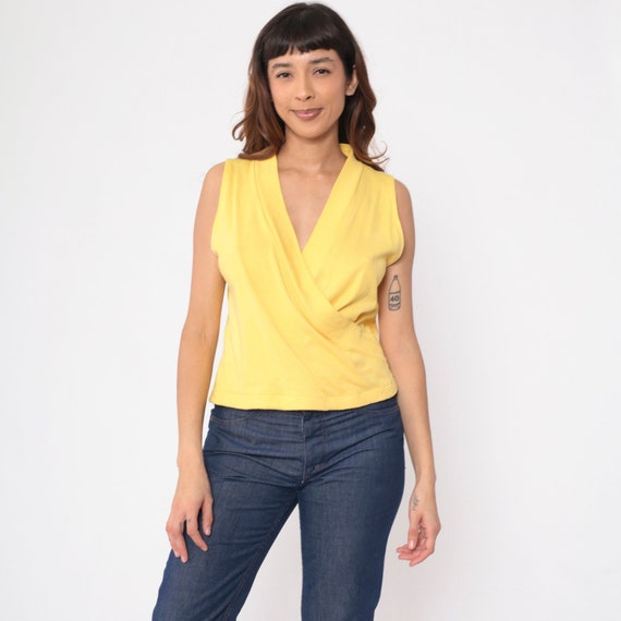 Surplice Neckline Tank Top 80s Yellow Wrap Shirt Sleeveless V Neck Retro Basic Plain Summer Shirt Casual Vintage 1980s Medium