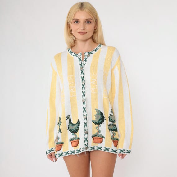 Vintage Quacker Factory Cardigan Sweater 90s Yellow Striped Topiary Ramie Cotton Garden Themed Faith Peace Patience White Medium