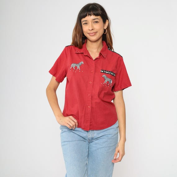90s Rhinestone Zebra Shirt Red Button Up Blouse Safari Animal Print Linen Cotton Short Sleeve Top 1980s Collared Top Petite Large