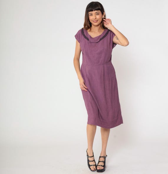 60s Purple Midi Dress Label Draped Cowl Neckline Black Lattice Trim Sleeveless Shift Silhouette Mod Mad Men Cocktail Party Vintage Large L