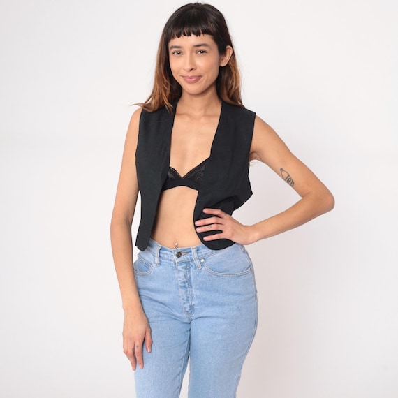 90s Black Vest Deep V Neck Plunging Neckline Cropped Waistcoat Tie Back Tailored Minimalist Gothic Alt Nerdcore Vintage Extra Small XS