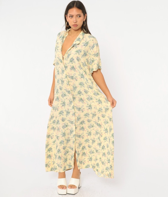 90s Floral Maxi Shirtdress Yellow Blue Short Sleeve Button Front A Line Prairie Cottagecore Garden Grunge Summer Sundress Green Plus Size 2X