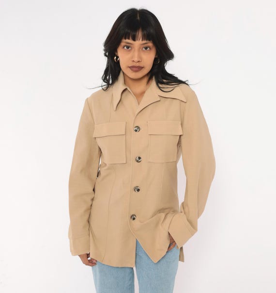 70s Beige Leisure Suit Jacket Haband Tan Button Front Pointed Collar Long Sleeve Khaki Camel Shacket Utility Work Coat Womens Medium M