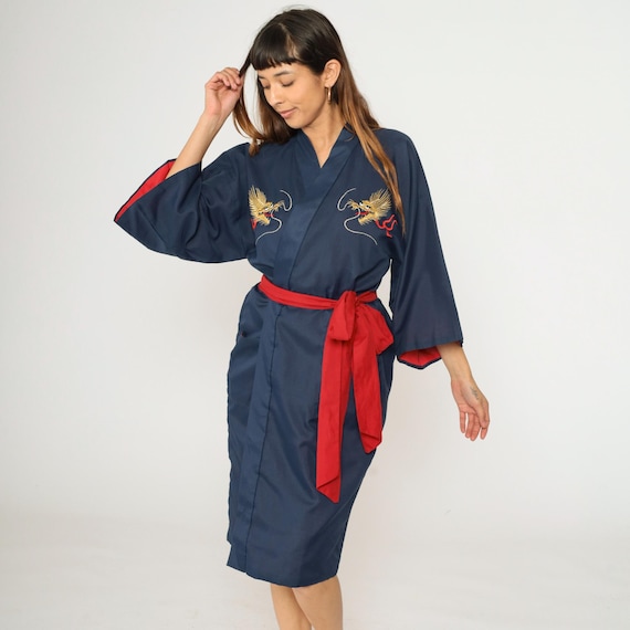 Vintage Dragon Kimono Robe Jacket 80s Navy Blue Japanese Embroidered Bohemian Wrap Asian Dressing Gown 1980s Red Belted Small Medium Large