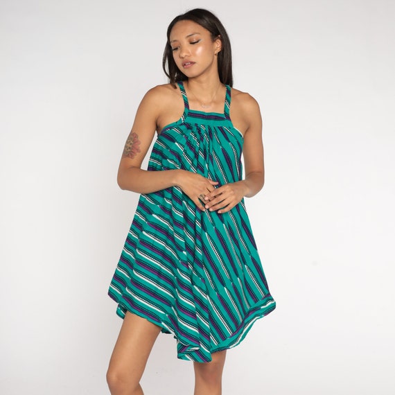 Striped Sundress 90s Turquoise Mini Tent Dress Bohemian Trapeze Hanky Hem Sleeveless Summer Sun Dress Vintage Green Purple 1990s 2xs xxs
