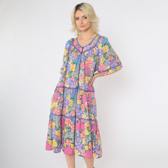 Vintage 90s Floral Patchwork Midi Dress Zip Up Rose Print Boho Cottagecore Loose Tent Fit Tiered Short Sleeve Purple Pink 1990s Medium M