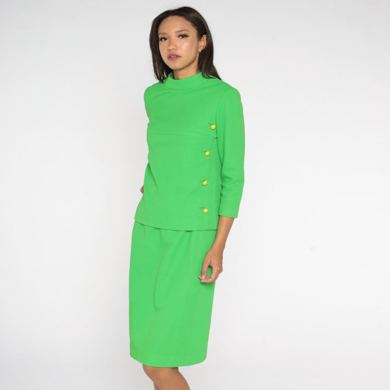 60s Two Piece Dress Suit Neon Lime Green Mod Outf… - image 4