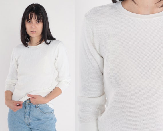 White Thermal Shirt 80s Long Sleeve T-Shirt Munsingwear Waffle Knit Undershirt Basic Plain T Shirt Long Underwear Tee Vintage 1980s Small S