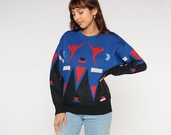 Australian Kangaroo Sweater Wool 80s Vintage Geometric Pattern Blue Royal Red Black White Pure Wool  Colorblock Knit Outback Medium