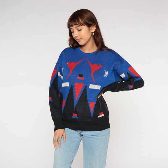 Australian Kangaroo Sweater Wool 80s Vintage Geometric Pattern Blue Royal Red Black White Pure Wool  Colorblock Knit Outback Medium