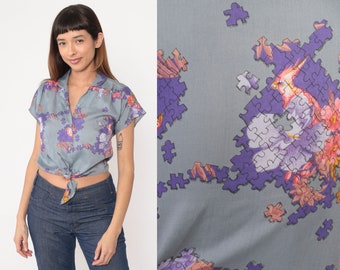 Tropical Bird Shirt 80s 90s Puzzle Pieces Shirt Tie Waist Floral Jungle Button Up Top Vintage 1980s Short Sleeve Grey Purple Rayon Small