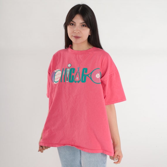 Chicago T-Shirt 90s Sports Shirt Tennis Baseball Golf Volleyball Graphic Tee Chi Town TShirt Retro Pink Vintage 1990s Small Medium Large XL