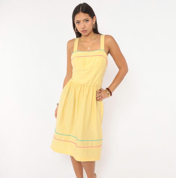 80s Yellow Sundress Pastel Piping Trim Cotton Square Neck Sleeveless Gathered Skirt Tank Dress Teal Pink Summer Sun Dress Vintage Medium M