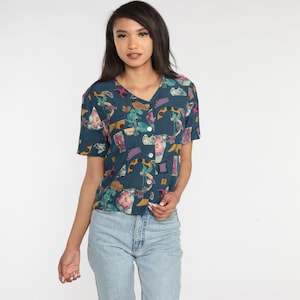 Abstract Floral Blouse 90s Blue Button Up Shirt Botanical Collage Print Short Sleeve Top Retro Grunge Boho Hippie 1990s Vintage Medium M