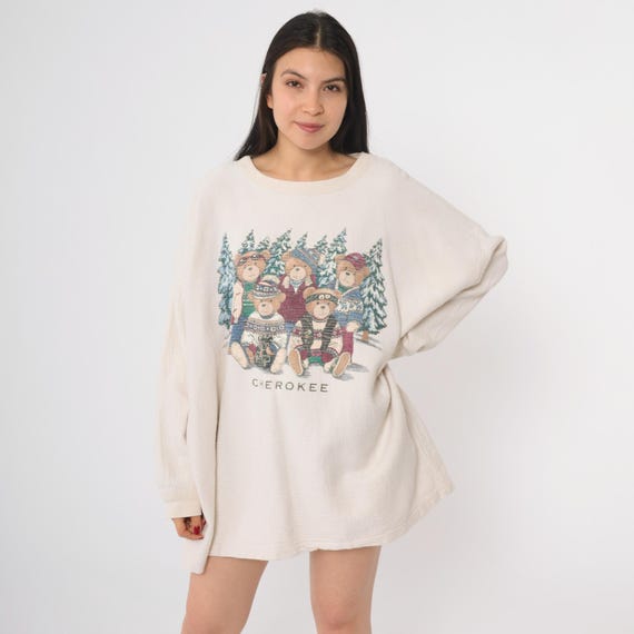 Teddy Bear Sweatshirt 90s Cherokee Cream Winter Scene Holiday Christmas Cotton Cozy Cute Kawaii Plus Size Festive Novelty Graphic Comfy 3X