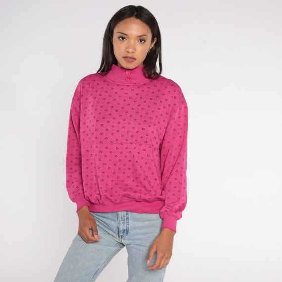 Floral Sweatshirt 80s Pink All Over Print Shirt Vintage Mock Neck Sweater Graphic Sweatshirt 1980s Slouchy 90s Medium