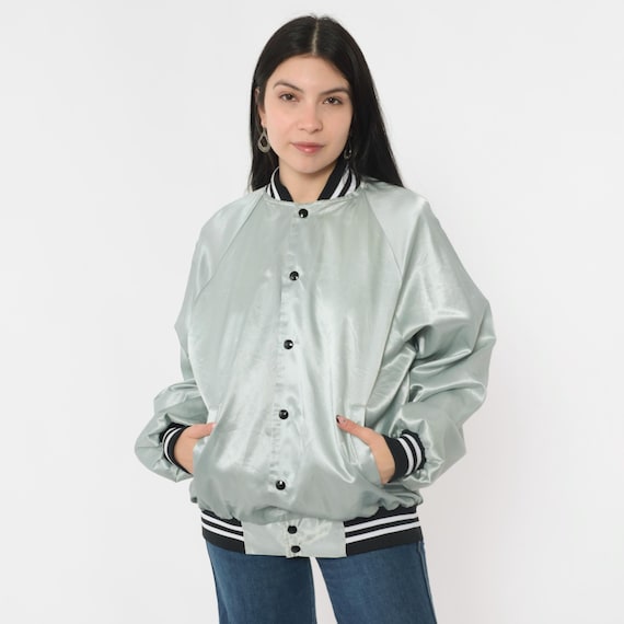 Vintage Satin Bomber Jacket 80s Silver Tower Tavern Manitowoc Wisconsin Baseball Jacket Plain Snap Up Uniform Varsity 1980s Men's Large L
