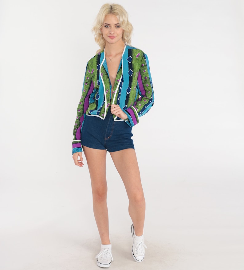 Statement Jacket années 90 Open Front Cropped Blazer Rayé Géométrique Imprimé Bleu Vert Violet Boho Hippie Cardigan Boho vintage années 1990 Moyen image 3