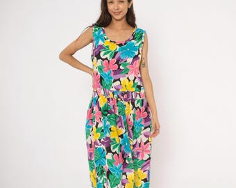 Vestido de verano tropical floral de los 90, estampado colorido de hibisco, sin mangas, de algodón, para vacaciones de playa, estilo hawaiano Flower Power, escote redondo, talla L.