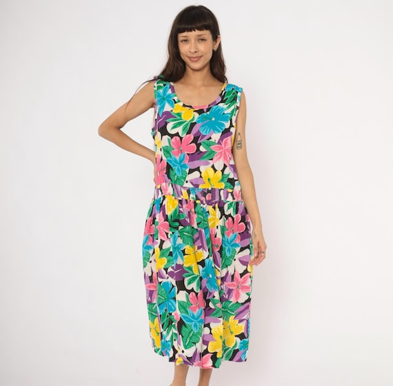 90s Tropical Floral Sundress Colorful Hibiscus Print Sleeveless Cotton Summer Beach Vacation Flower Power Hawaiian Dress Scoop Neck Large L