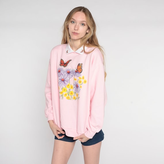 Butterfly Garden Sweatshirt 90s Baby Pink Floral … - image 2
