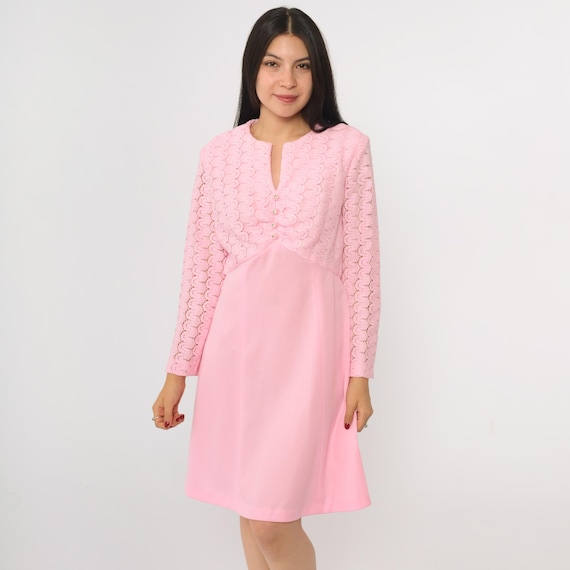 70s Baby Pink Lace Party Dress Vintage Mod Mini Dress 60s Long Sheer Sleeve Rhinestone Button High Waist Retro MiniDress 1970s Medium M