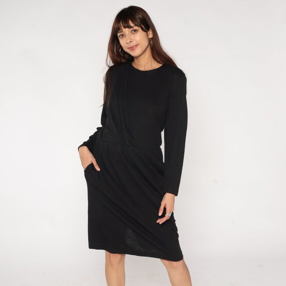 Plain Black Dress 80s 90s Midi Dress Wool Boho High Waisted Secretary 1990s Vintage Long Sleeve Bohemian Solid Draped Pencil Medium
