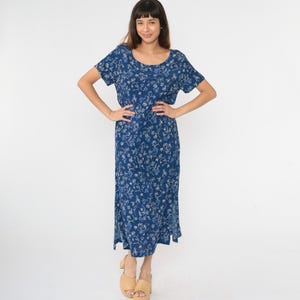 Vintage Floral Butterfly Dress 90s Blue Ankle Length Maxi Short Sleeve Scoop Neck Summer Side Slit Casual Rayon Day 1990s Medium