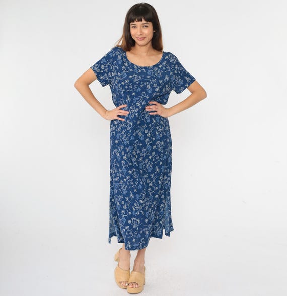 Vintage Floral Butterfly Dress 90s Blue Ankle Length Maxi Short Sleeve Scoop Neck Summer Side Slit Casual Rayon Day 1990s Medium