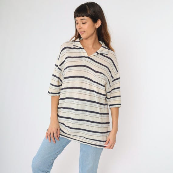 Vintage Guess Jeans USA T-Shirt Y2K Striped Linen Cotton Johnny Collar Off-White Navy Blue Basic Streetwear Tee Retro TShirt 00s Large L