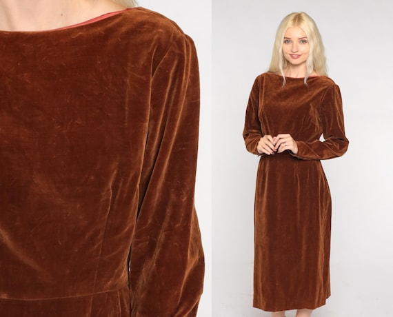 60s Velvet Dress Brown Midi Dress Long Puff Sleeve High Waisted Shift Low Scoop Back Party Cocktail Formal Mad Men Vintage 1960s Small S