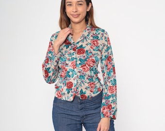 70s Button Up Top Floral Print Shirt Retro Collared Blouse Groovy Seventies Disco Hippie Long Sleeve Taupe Pink Blue Vintage 1970s Medium