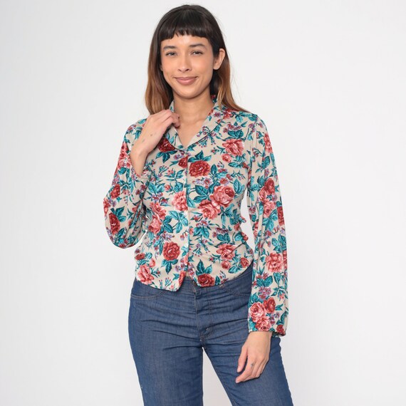 70s Button Up Top Floral Print Shirt Retro Collared Blouse Groovy Seventies Disco Hippie Long Sleeve Taupe Pink Blue Vintage 1970s Medium