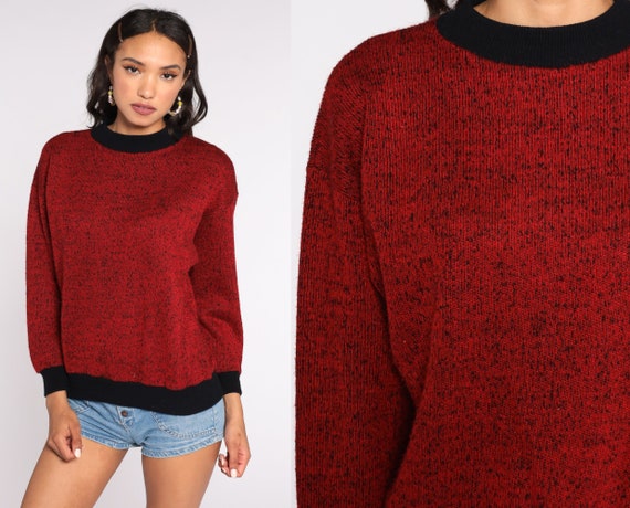 Red Ringer Sweater 80s Knit Sweater Slouchy Flecked Sweater Pullover Jumper 1980s Vintage Retro Medium