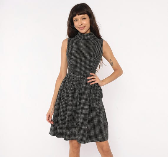 60s Goth Mini Mod Dress Black White Dotted Sleeveless Mock Neck Fit And Flare Cotton Pleated Polka Dot Dark Academia Vintage Extra Small XS