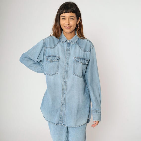 Oversized Denim Shirt Y2K Mossimo Light Blue Vintage Button Down Boyfriend Fit Long Sleeve Relaxed Cotton Jean Shirt Baggy Slouchy Medium M