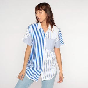 Vintage 80s Striped Button Up Shirt White Blue Blouse Short Sleeve Top 1980s Casual Retro Collared Shirt Small S